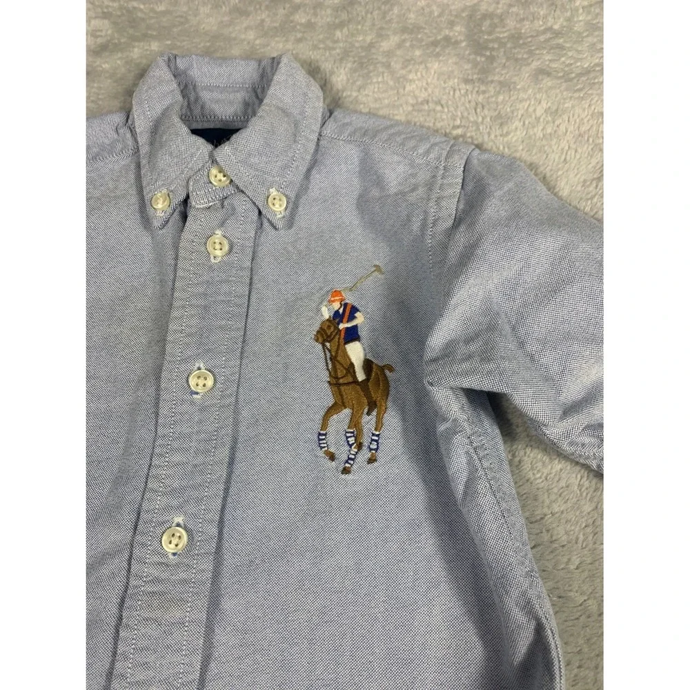 Ralph Lauren Big Pony Polo Player Baby Long Sleeve Oxford Button Shirt 12M Blue